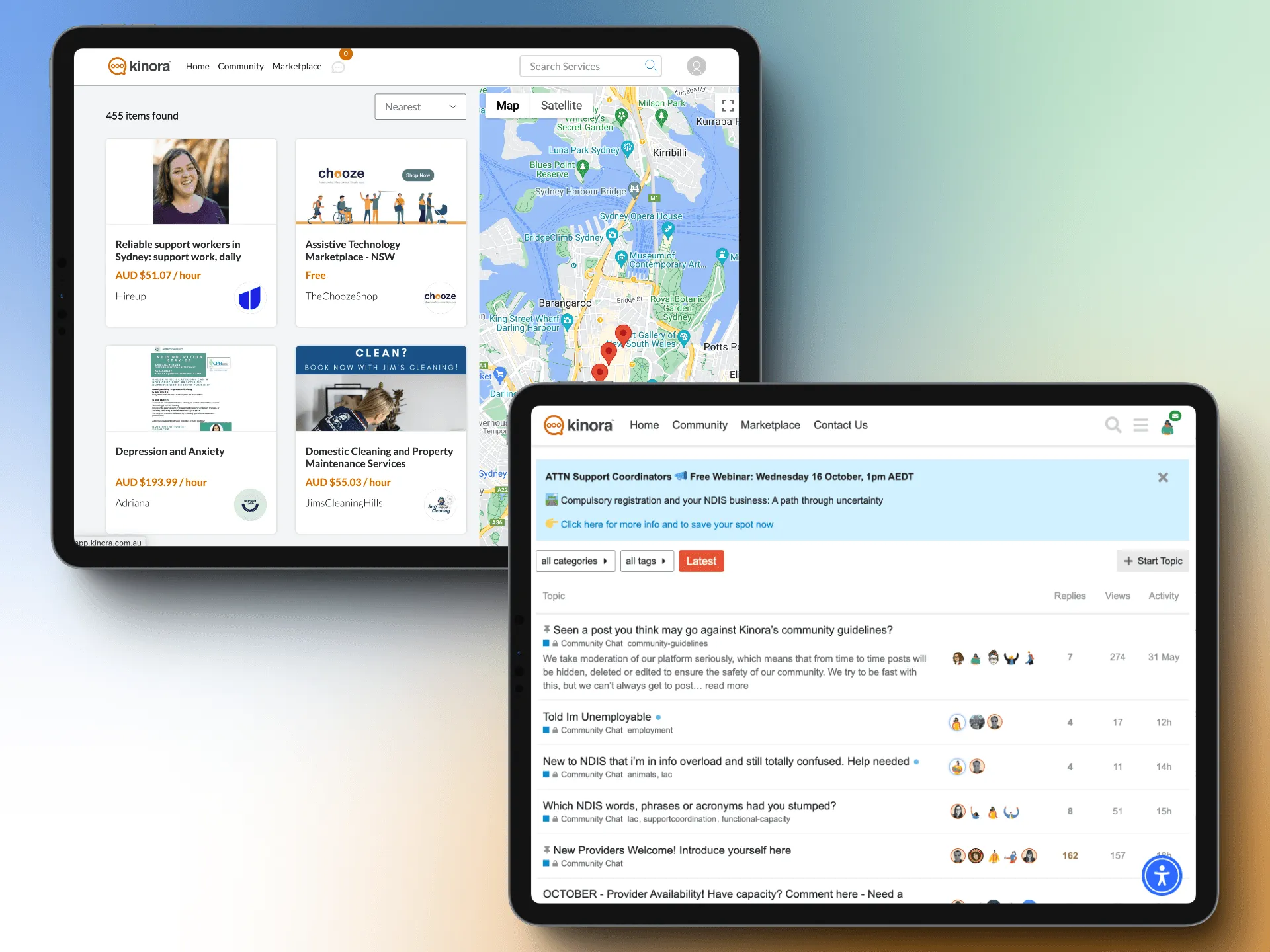 Interface web Kinora montrant les sections communautaire et ressources
