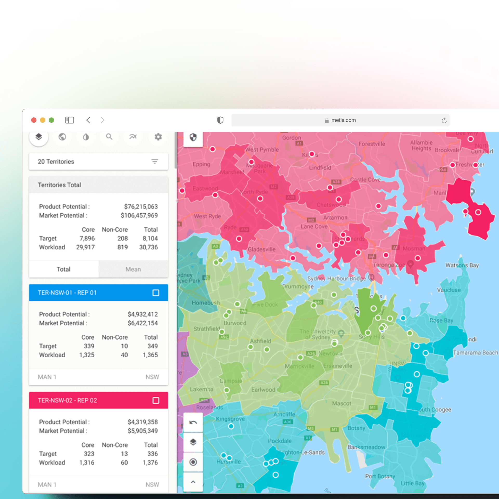 Metis dashboard showing GIS-driven business performance visualisation