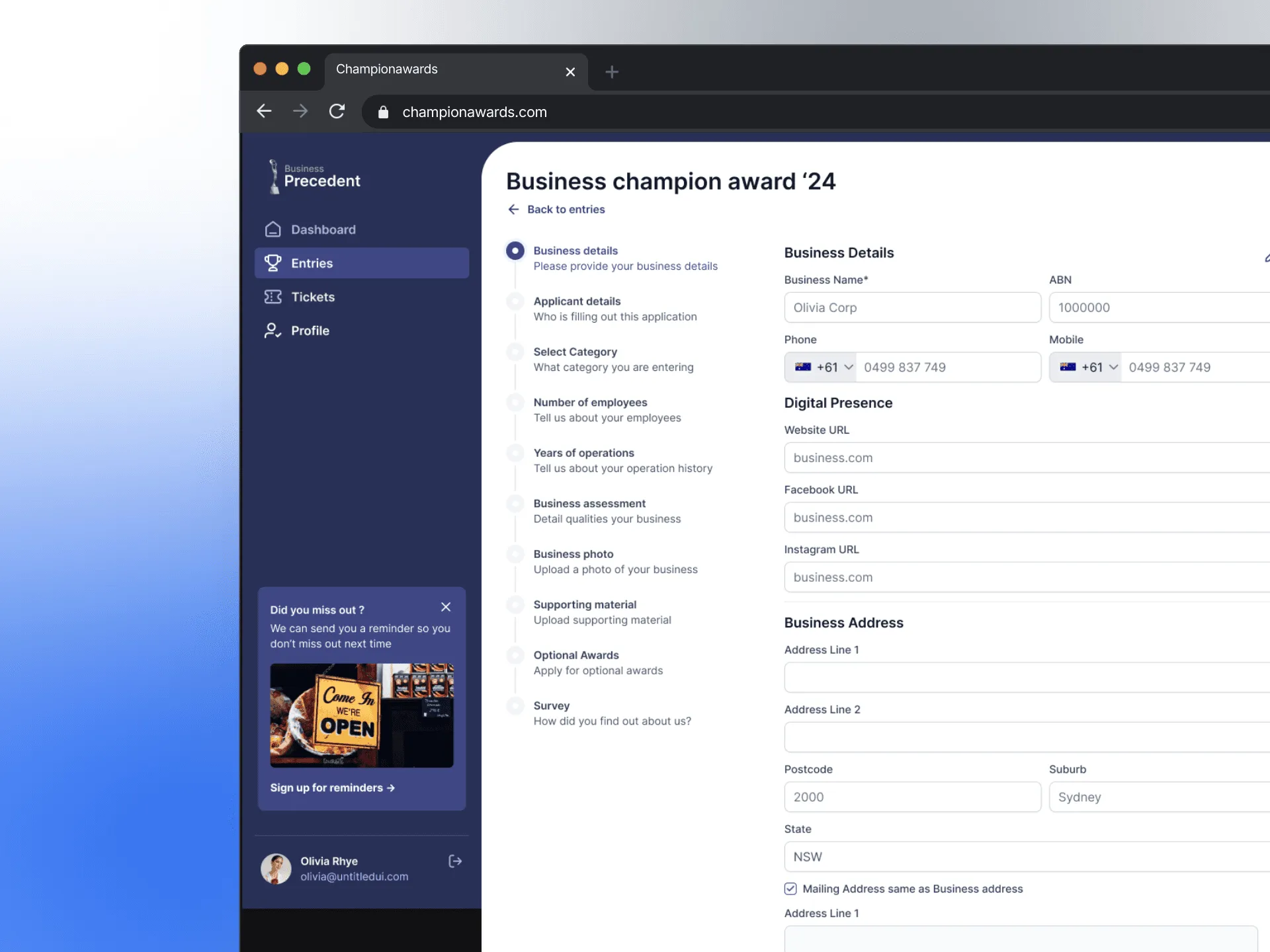 Admin and applicant views of award application workflows