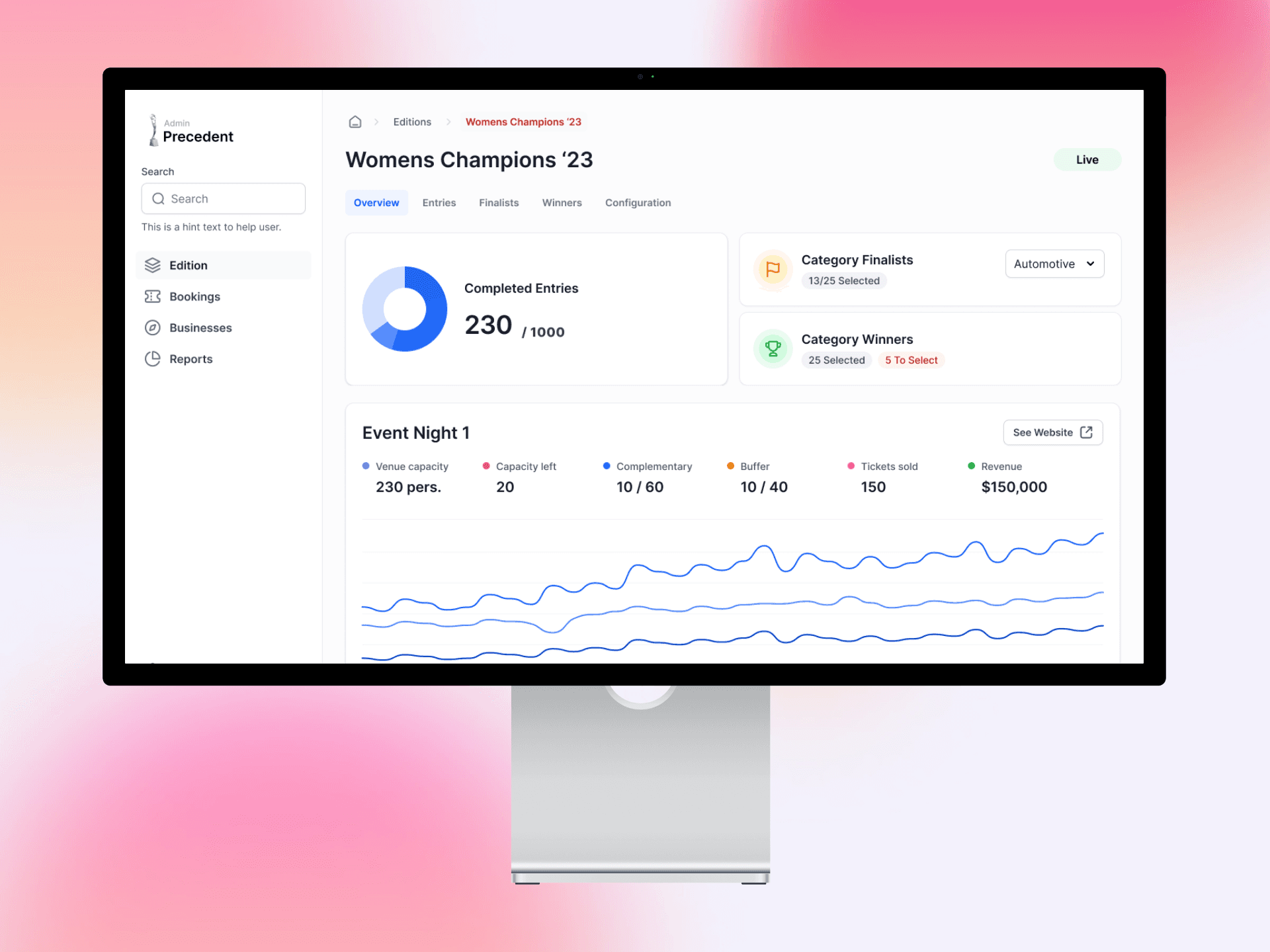Event management and ticketing interfaces for Precedent Production