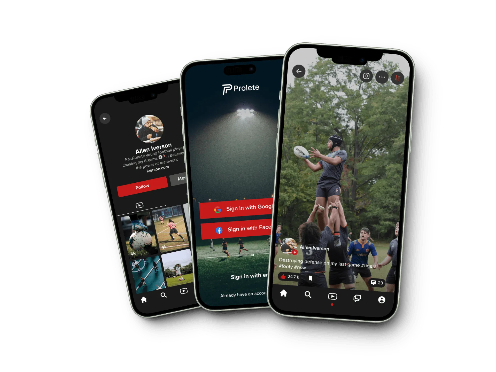 Interface mobile Prolete affichant des vidéos de highlights d'athlètes